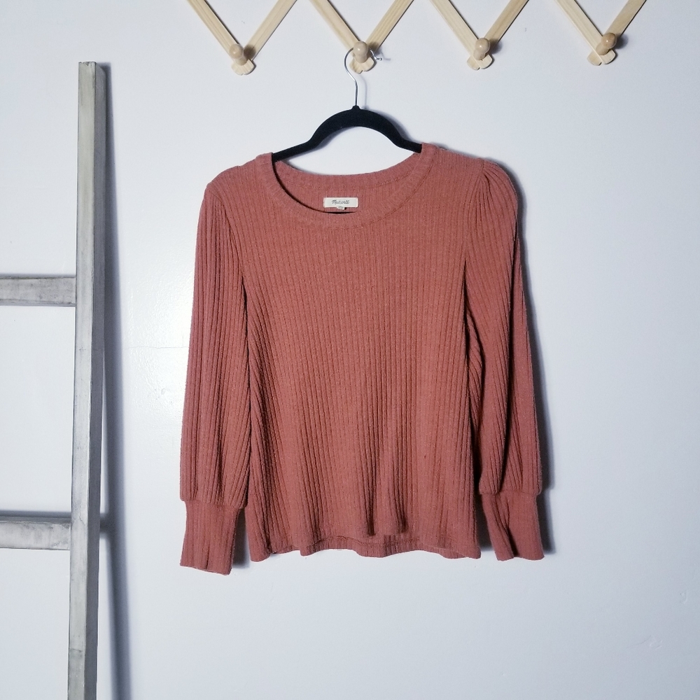 MADEWELL ORANGE RIBBED PUFFED SLEEVES SWEATER SIZE MEDIUM